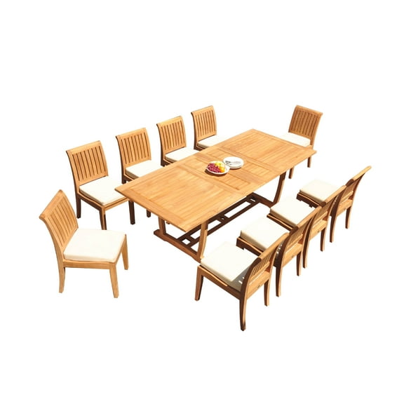 Grade-A Teak Dining Set: 10 Seater 11 Pc: 94" Double Extension Mas Rectangle Trestle Leg Table And 10 Lagos Armless Chairs WholesaleTeak #WMLG30