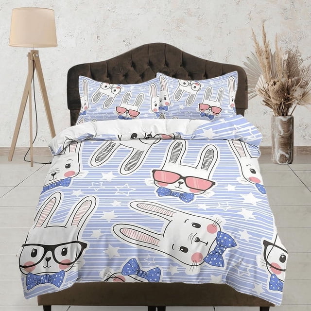 Juego de Funda Nórdica y Funda de Almohada, Conejito Blanco Lavanda, Cremallera
