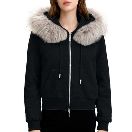 Fiaer Cropped Hoodies for Women Thermal Warm Hooded Jacket Slim Fit Drawstring Thickened Sweatshirt Long Sleeve Casual Trendy Tops with Pocket Black L