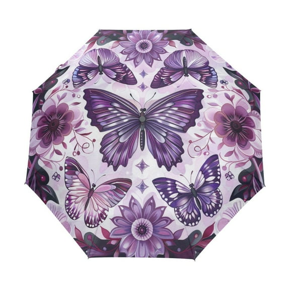 YAZAOO One-Touch Auto Open Close Rain Umbrella With Creative Purple Blossoms and Butterflies Pattern