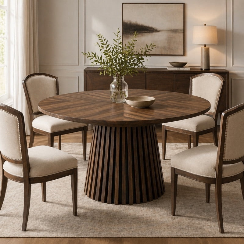 47.24'' Round Wooden Dining Table for 4, Accent Kitchen Dinner Table with Splicing Design Tabletop & Fluted Base