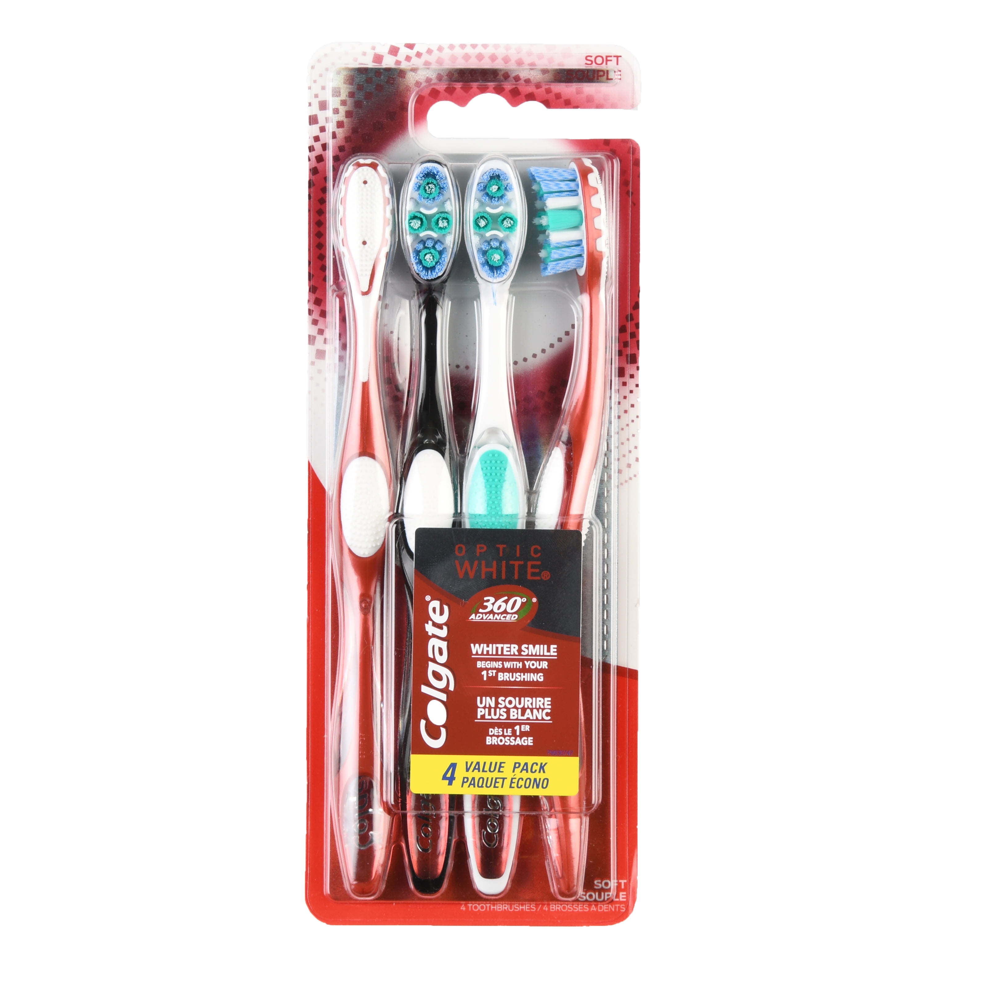 Colgate 360 Advanced Optic White Whitening Manual Toothbrush with Tongue and Cheek Cleaner, Soft, 4 Ct.