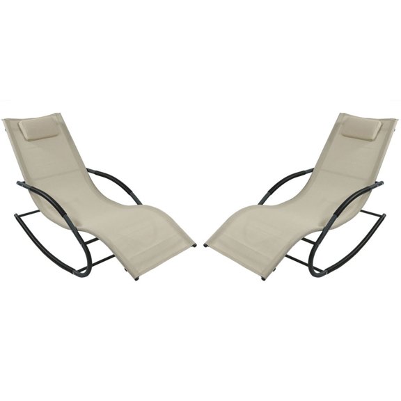 Sunnydaze Steel Outdoor Rocking Wave Lounge Chair with Pillow - Set of 2, Beige