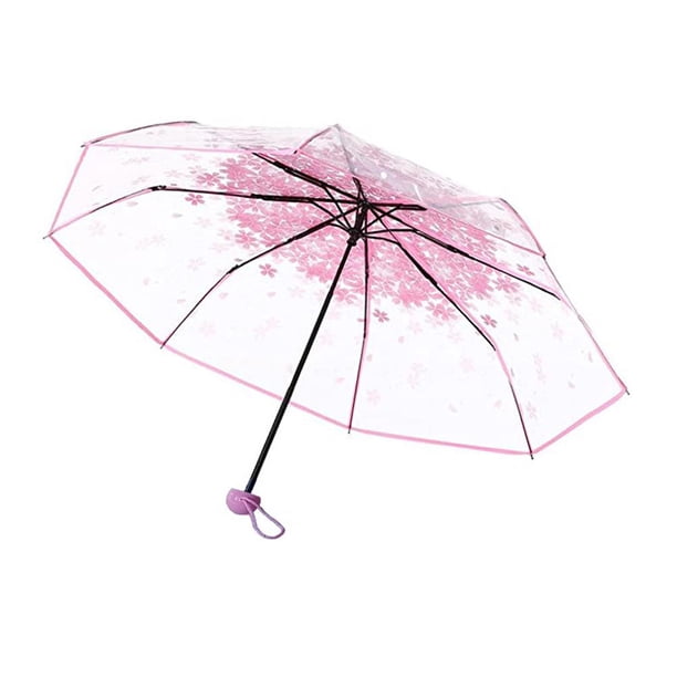 Paraguas Con Estampado De Cereza, Paraguas De Lluvia Transparente Portátil Plegable Con Tres Paraguas Plegados Para Fotografía Rosa