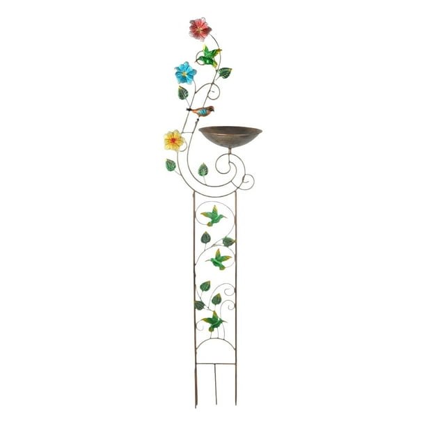 Baño para pájaros con enrejado para plantas, soporte de hierro para plantas de jardín, pequeño, decorativo para exteriores colibrí