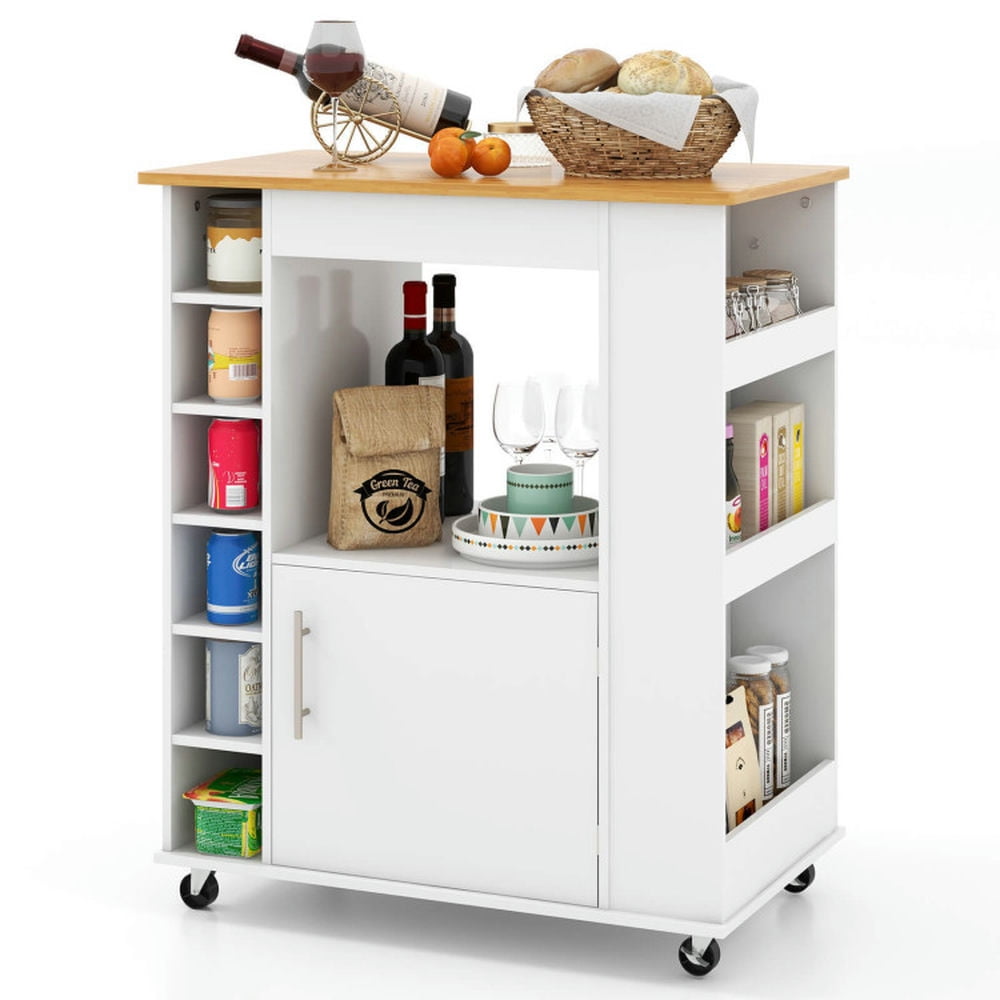 Finihen Rolling Cart, Kitchen Island Cart, Kitchen Cart on Wheels with Bamboo Top and 6-Bottle Wine Rack, for Kitchen, Dining Room, White Finihen Rolling Cart, Kitchen Island Cart, Kitchen Cart on Wheels with Bamboo Top and 6-Bottle Wine Rack, for Kitchen, Dining Room, White