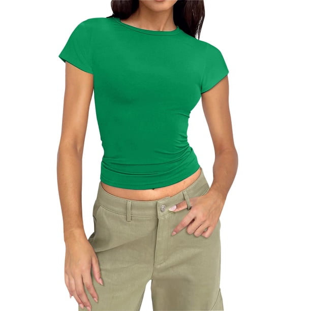 Camiseta de manga corta con cuello redondo y color liso para mujer: prenda informal y holgada para el día a día