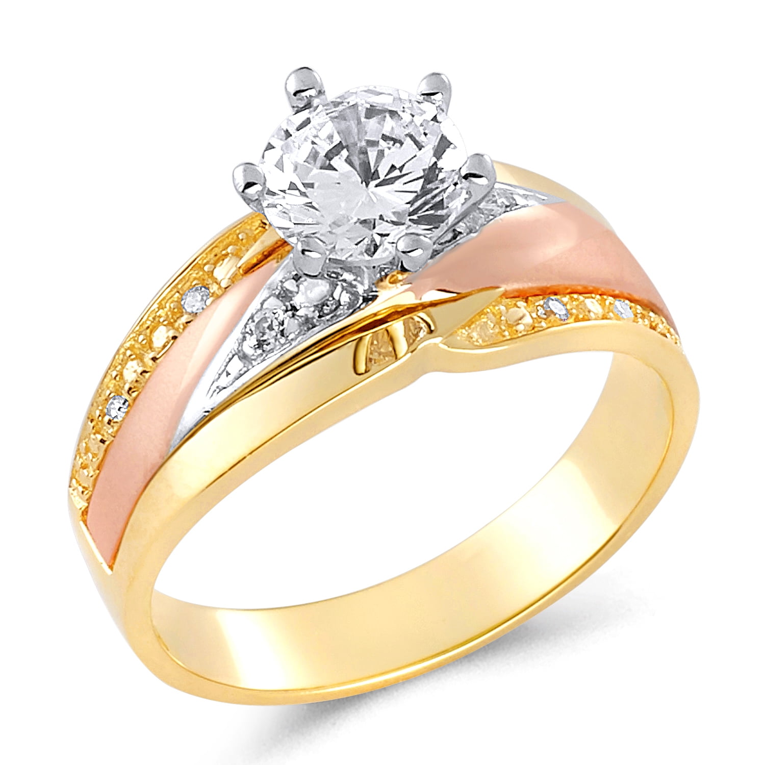 Wellingsale Mens 14K 3 Tri Color White Yellow and Rose/Pink Gold Polished CZ Cubic Zirconia Wedding Ring Band Wellingsale Mens 14K 3 Tri Color White Yellow and Rose/Pink Gold Polished CZ Cubic Zirconia Wedding Ring Band