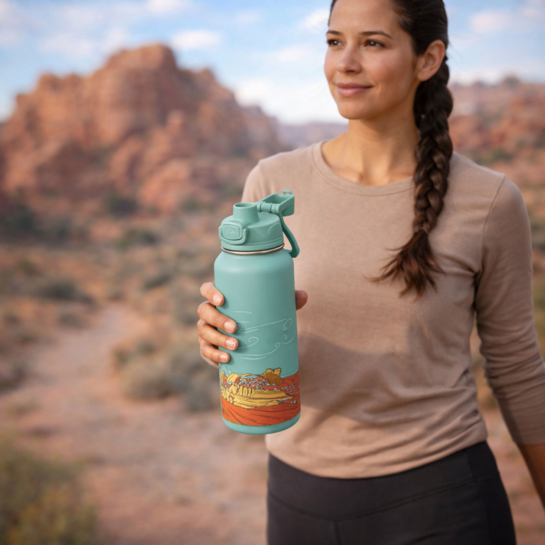 Ozark Trail 32 oz Stainless Steel Pop-Lid Insulated Water Bottle, Sandstone Sky