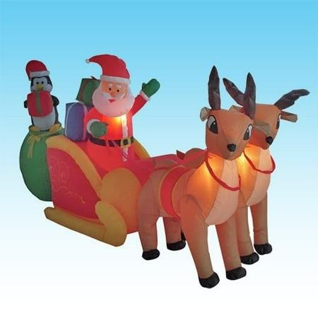 8.5 Foot Long Christmas Inflatable Santa Claus & Penguin on Sleigh Pulled by 2 Reindeer