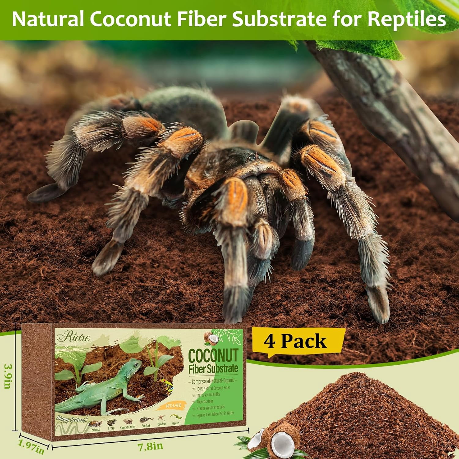 4 Pack Natural Coconut Fiber Substrate for Reptile- Premium Compressed Coconut Husk Terrarium Bedding for Reptile, Tortoise, Frogs, Snakes Hermit Crabs, Burrowing Animals