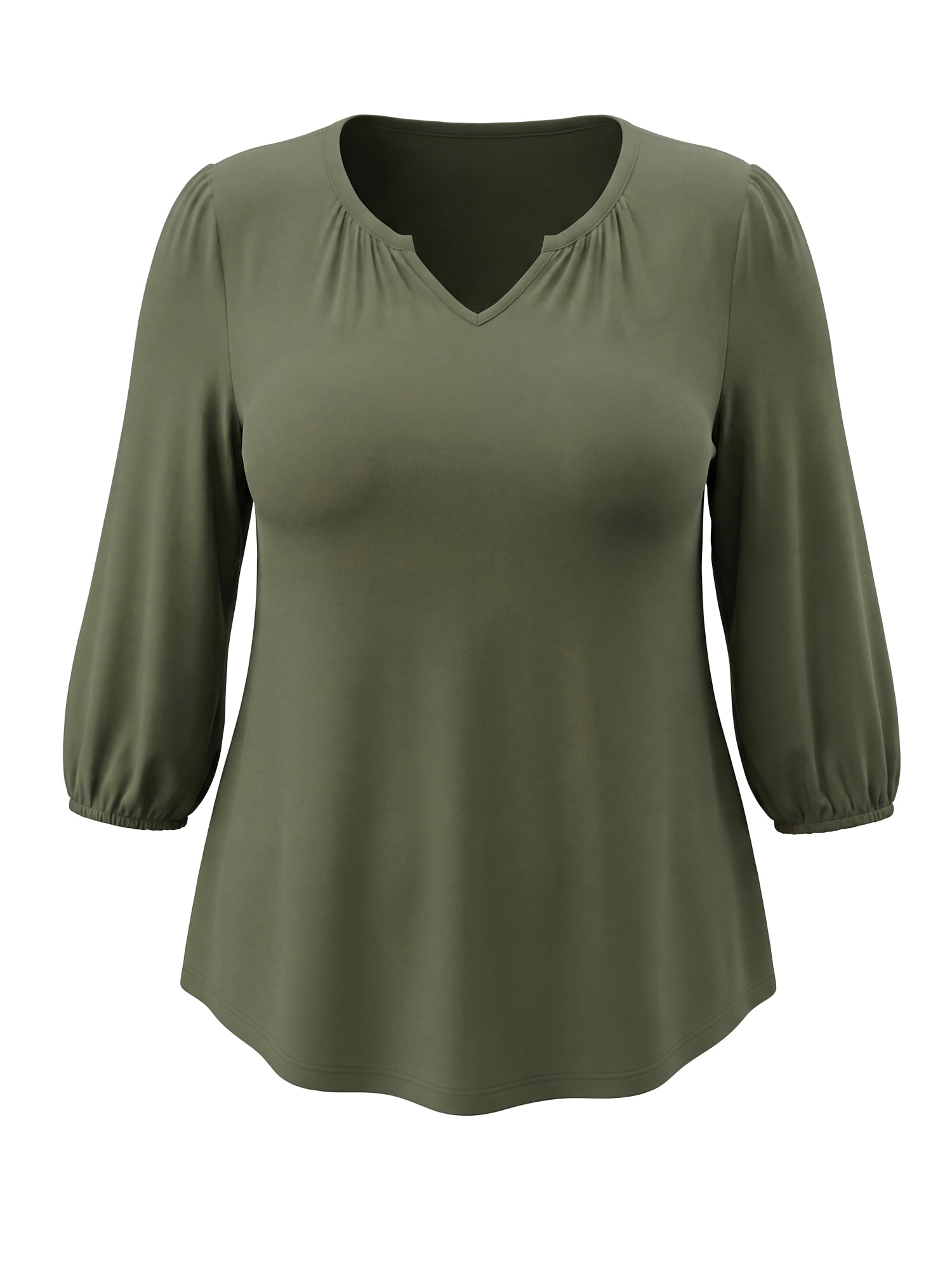 DARING DIVA Women's Plus Smocked 3/4 Sleeve Notch V Neck Blouse 3X Army Green