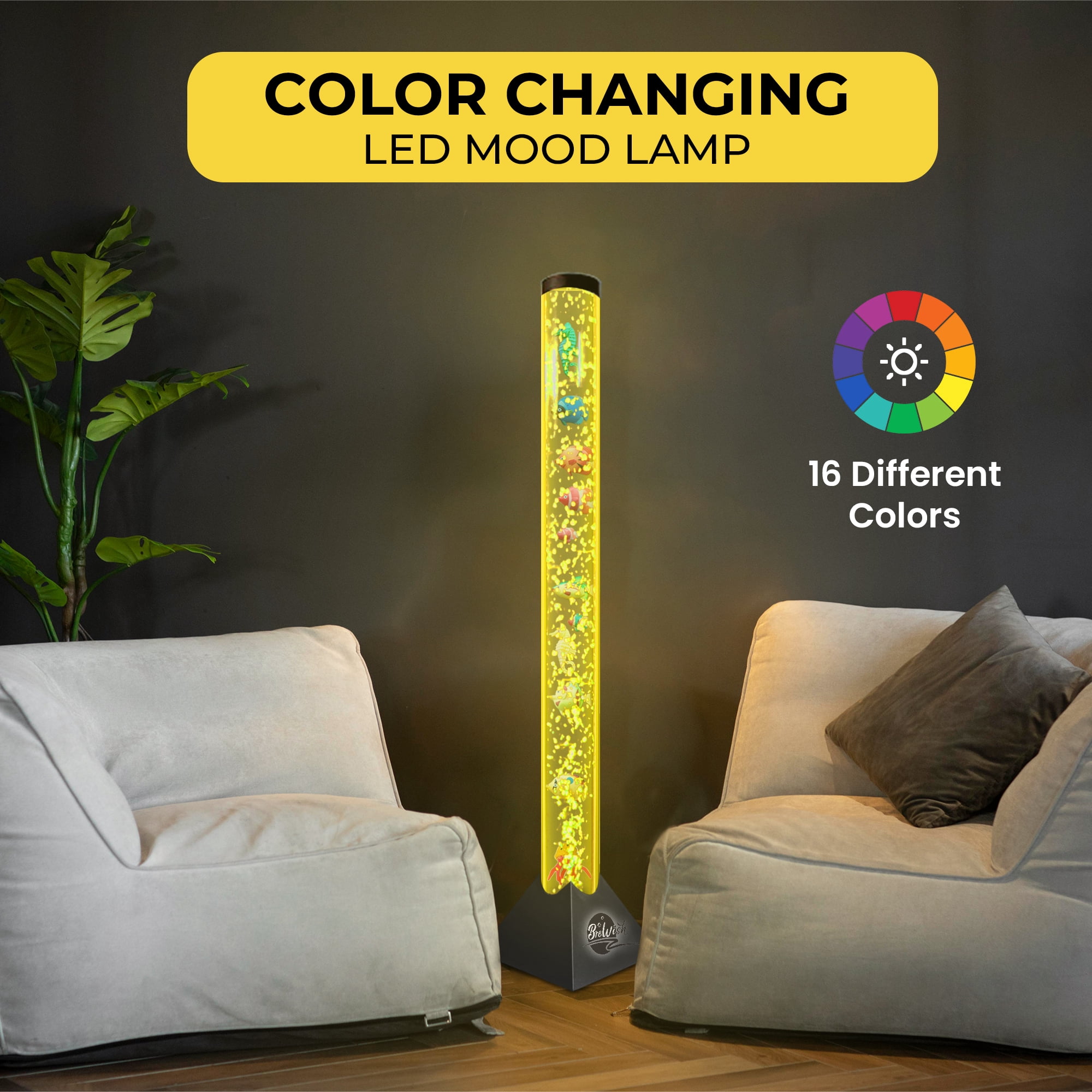 Brewish 4FT Sensory LED Water Bubble Tube Lamp with 16 Color Changing Night Light Effects, Fake Aquarium Tank & Gift for Kids, Autism, Remote Control & 12 Fishes
