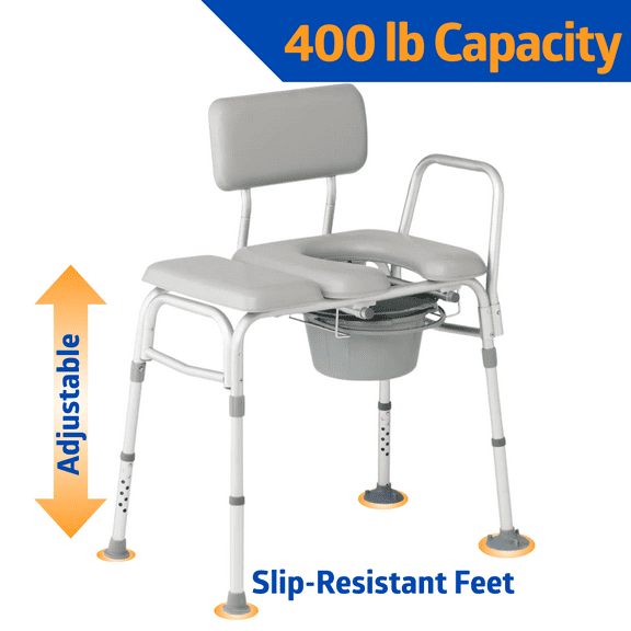Medline Shower and Bathtub Chair Transfer Bench, Sturdy and Commode, 400 lb Weight Capacity, Aluminum, Gray