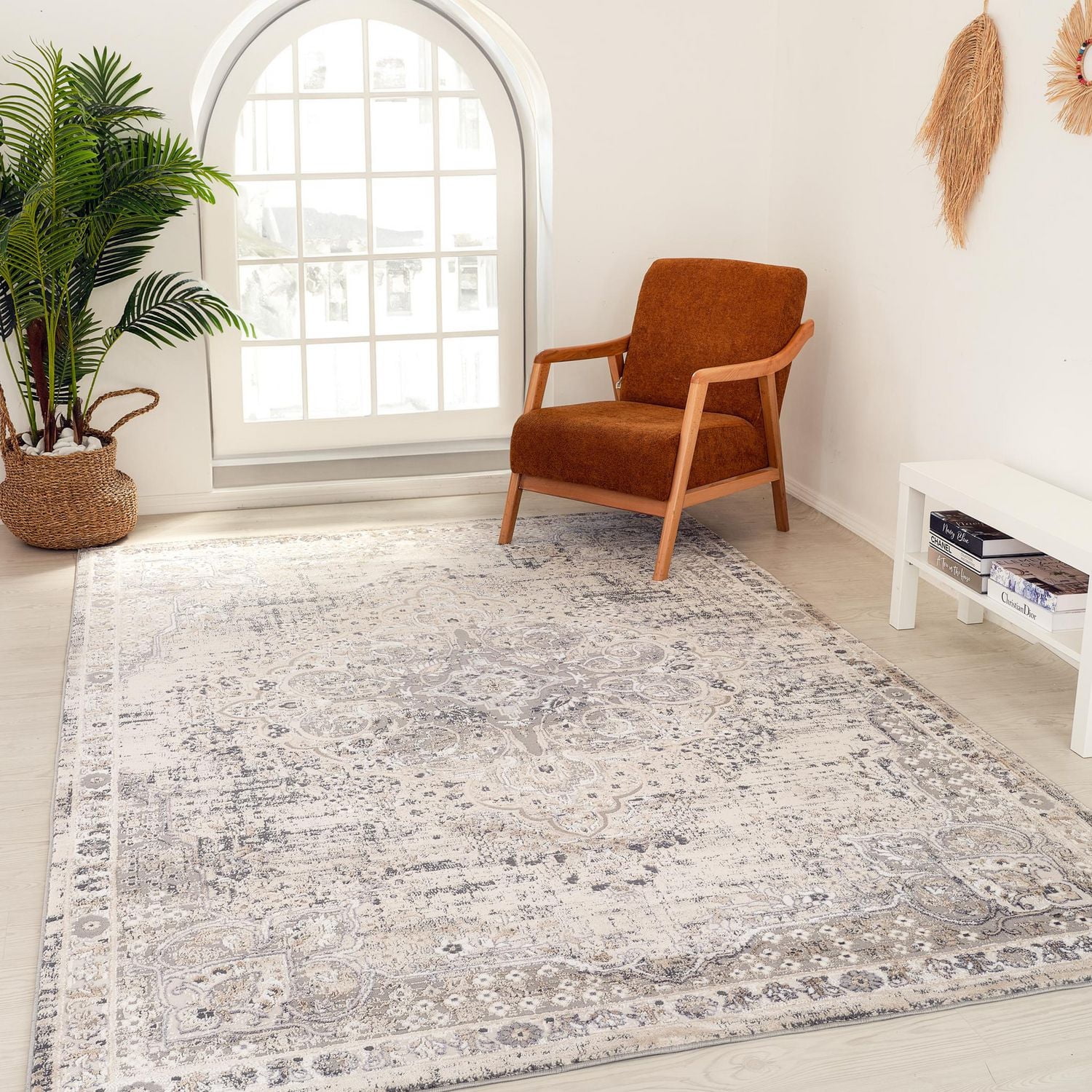 Tapis d'interieur classique Atlas Rug Branch, gris beige, oriental - Salon, chambre, salle a manger et cuisine