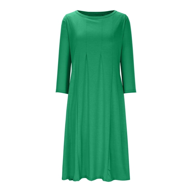 cfhntfmh Robes d'Automne pour Femmes Décontractées Manches 3/4 Col Ras du Cou Robe Midi Fluide Coton Doux Ample Plissée Robe de Vacances