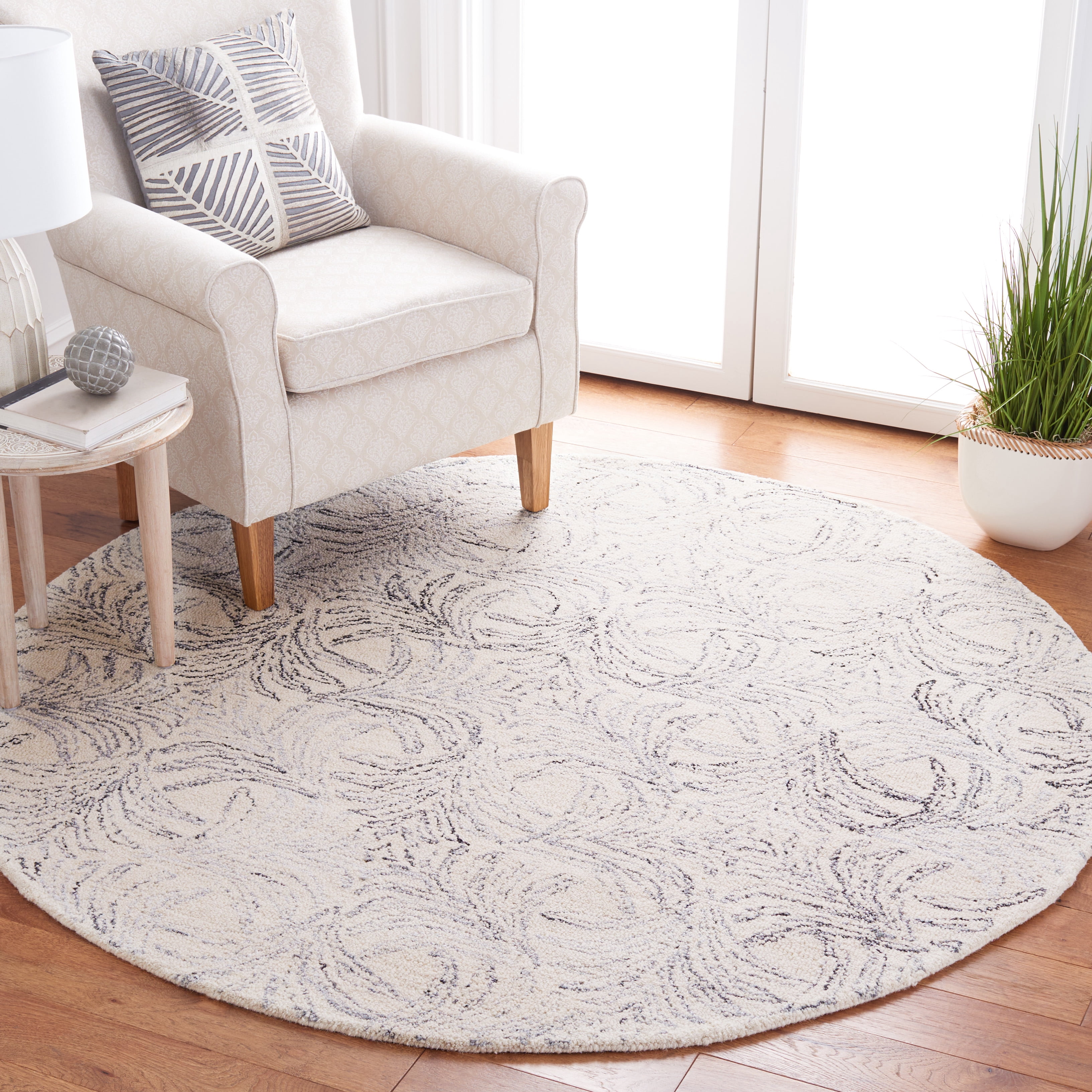 SAFAVIEH Jardin Thaddeus Leaves Area Rug, Ivory/Gray, 6' x 6' Round