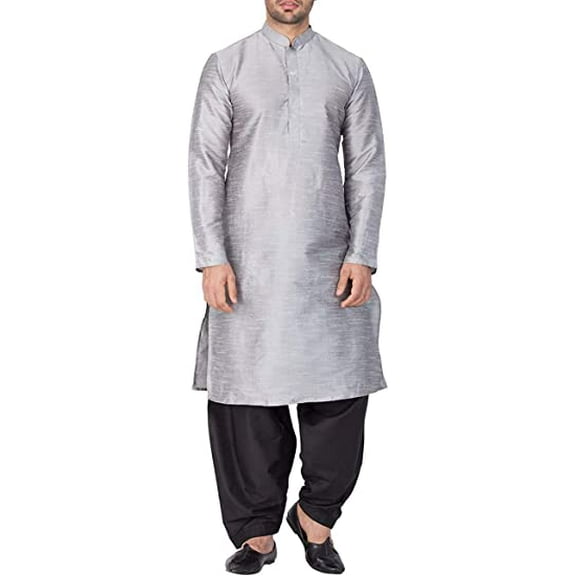 Royal Kurta Men's Silk Blend Straight Kurta Salwar Set (44, Silver-Black.)