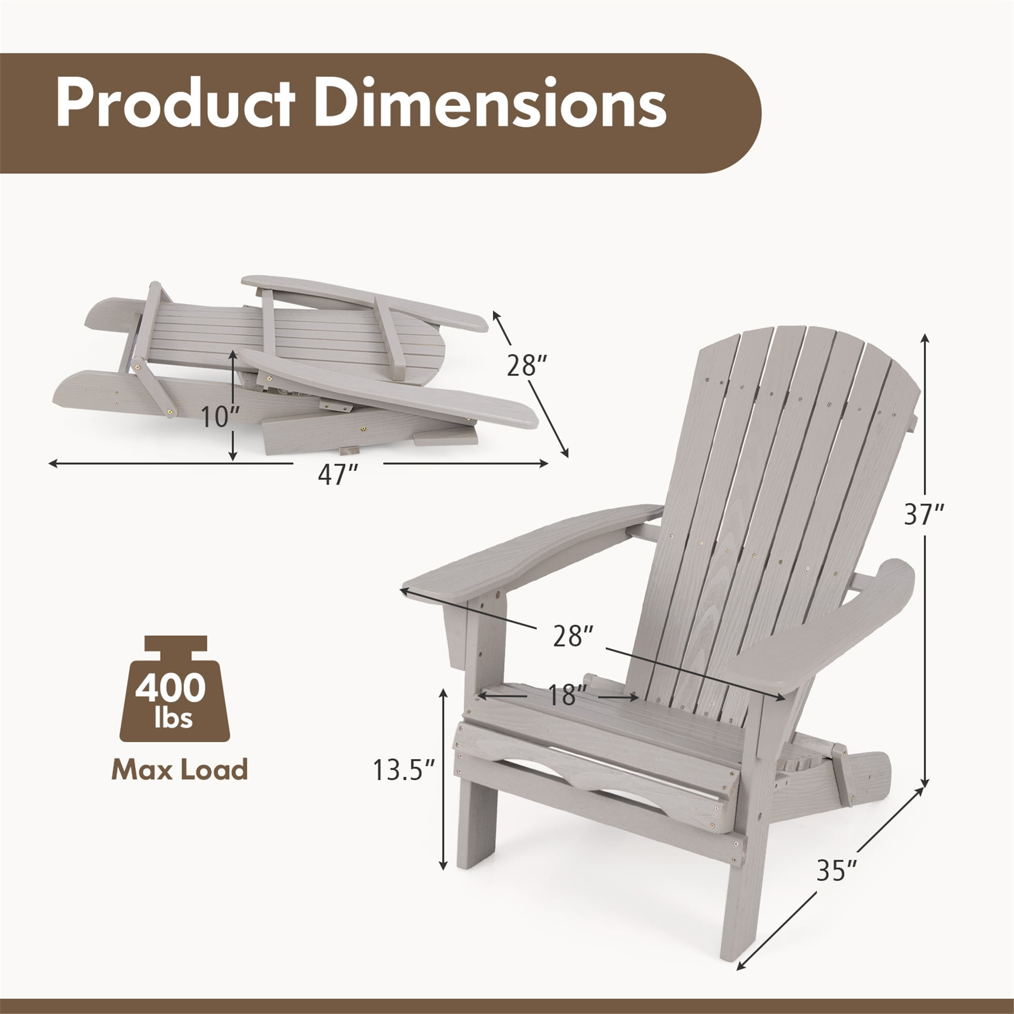 Gymax Folding Adirondack Chair Set of 2 w/ High Backrest & Wide Armrests Wooden Gray