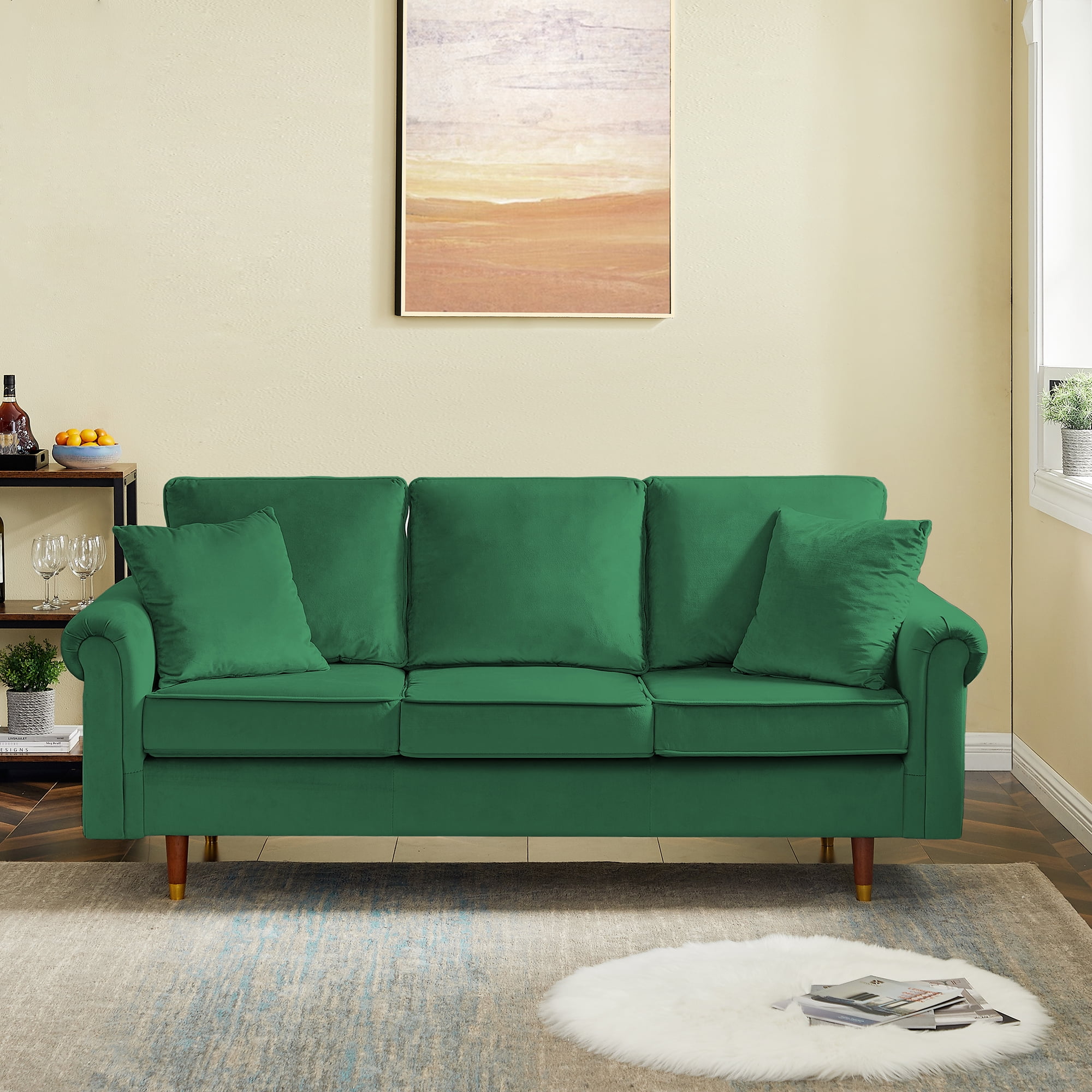 Velvet Sofa Couch,Modern Craftsmanship 3-Seater Sofa with Comfy Back pillows  and Storage bag for Compact Living Room,Apartment, Bedroom, Home  Office,Elegant Green 