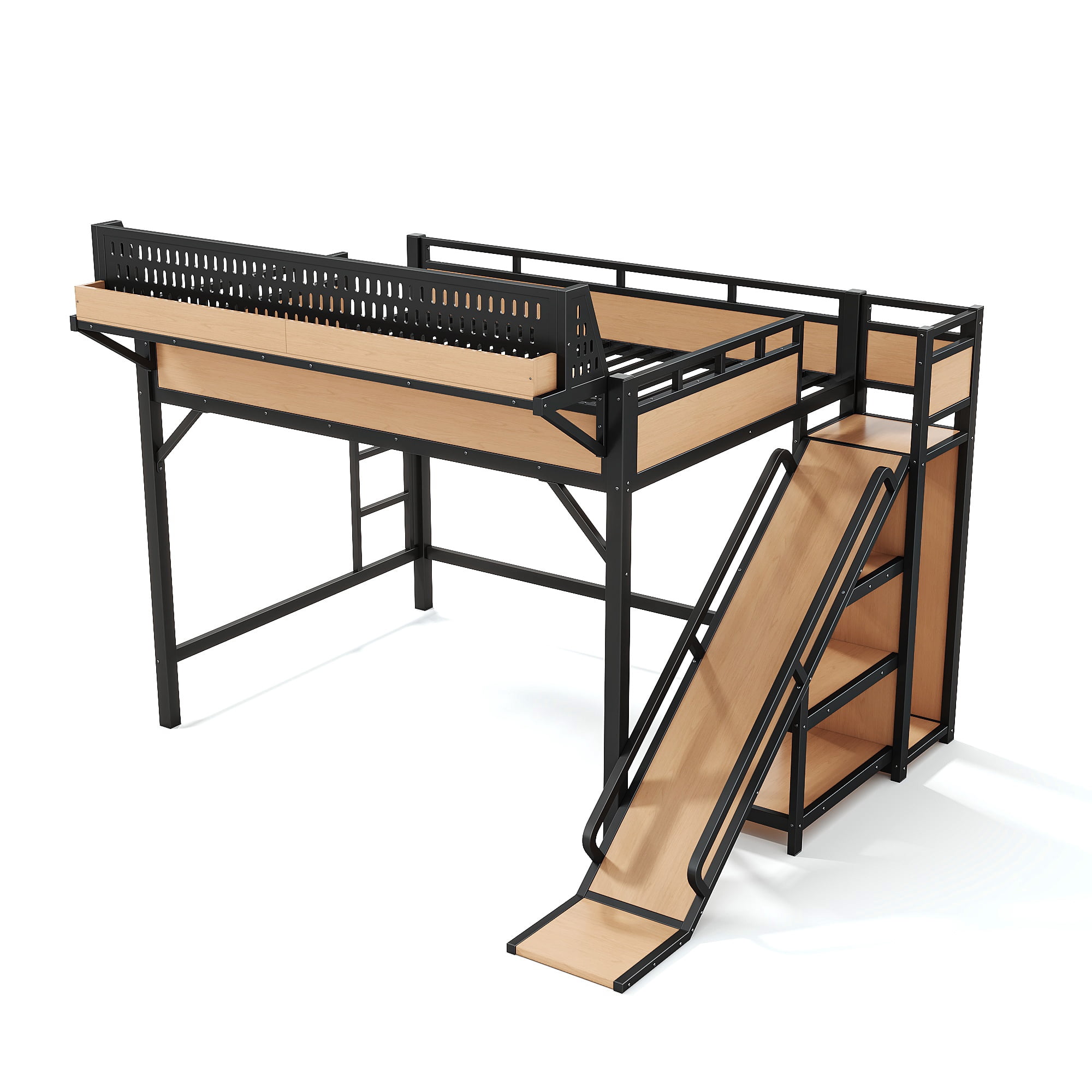 Leumius Queen Size Loft Bed with Slide, Storage Shelves and Built-in Wardrobe,Metal Loft Bed Frame with USB Ports and LED Lights,Pegboard,Natural