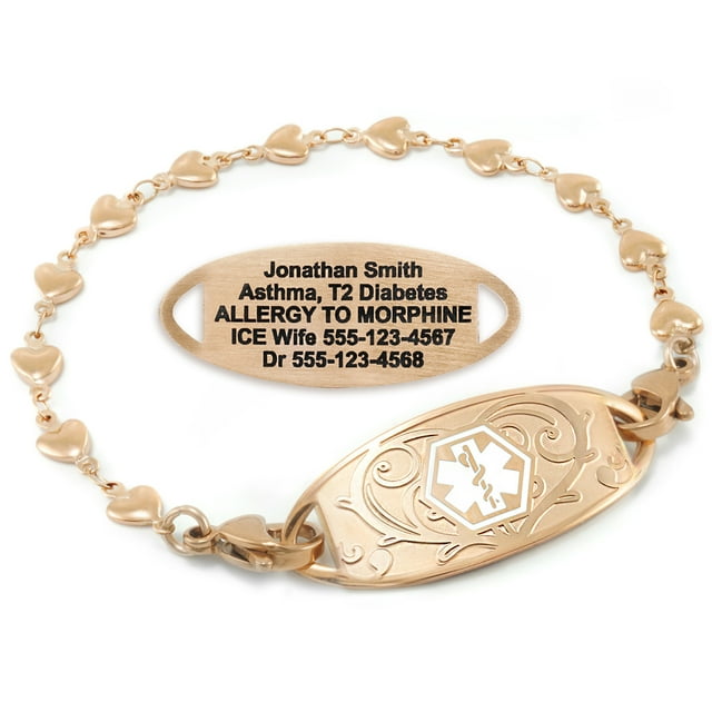 MedicEngraved Rose Gold Stainless Steel Custom Medical Alert Bracelet - 5mm Heart Link