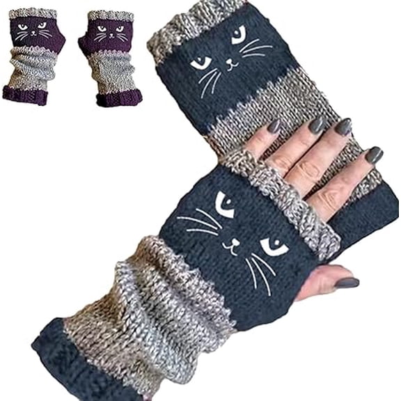 Women’s Knitted Fingerless Gloves with Cute Cat Embroidery - Cat Embroidery Splicing Knitted Gloves, Warm Glove(Navy)
