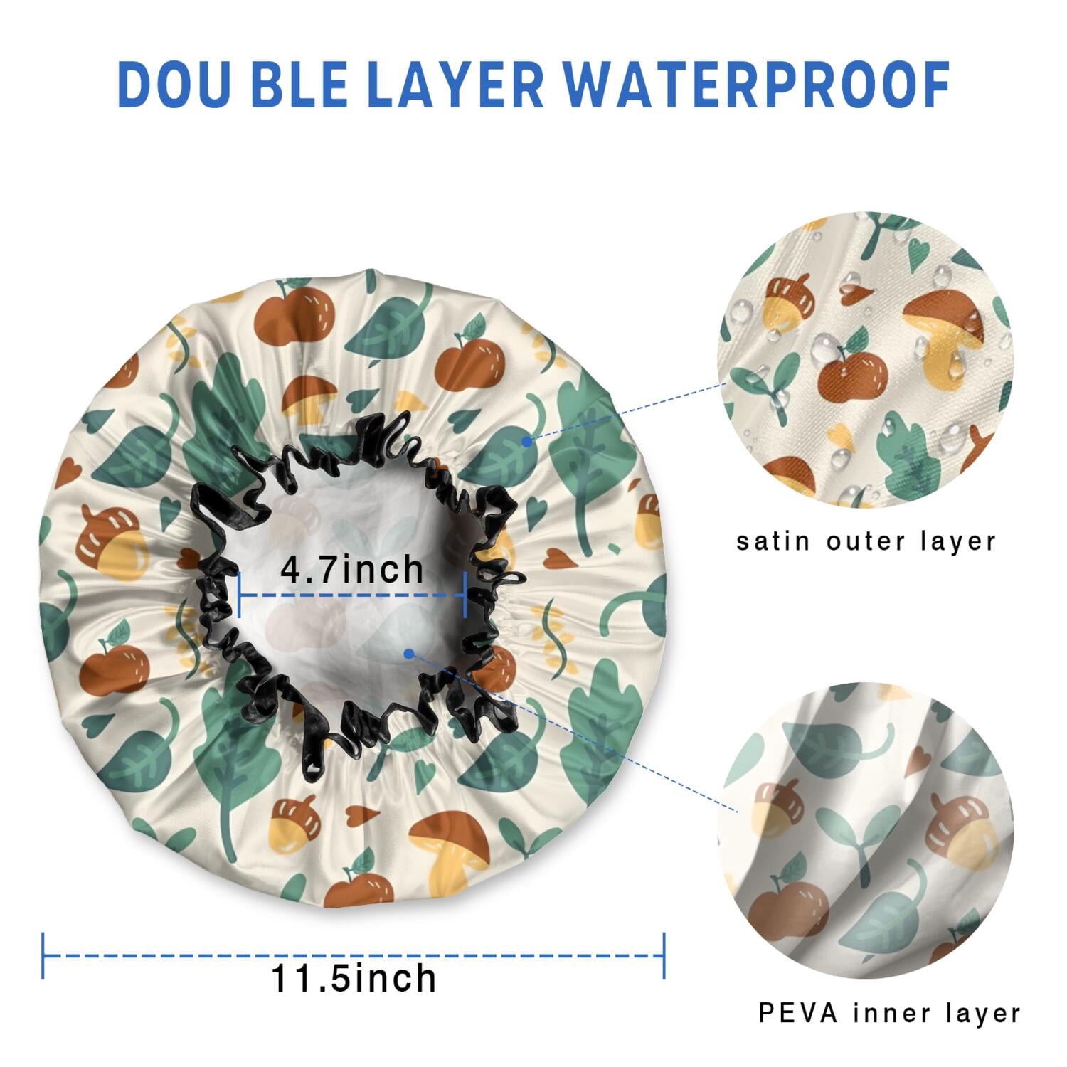 Shower Caps,Brown Green Mushroom Fruit Leaf Beige Pattern Waterproof Shower Cap for Women 4 Pieces,Double Reusable Hair Cover for Shower PEVA Elastic Stretch Hem