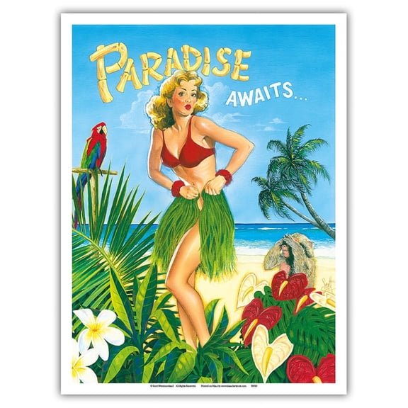 Paradise Awaits - Pin-up Beauty in Grass Skirt - From an Original Color Painting by Scott Westmoreland - Master Art Print (Unframed) 9in x 12in
