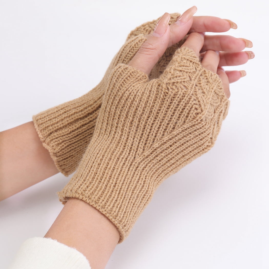 Women Fingerless Gloves Knitted Solid Color Half Finger Mittens Computer  Gloves 
