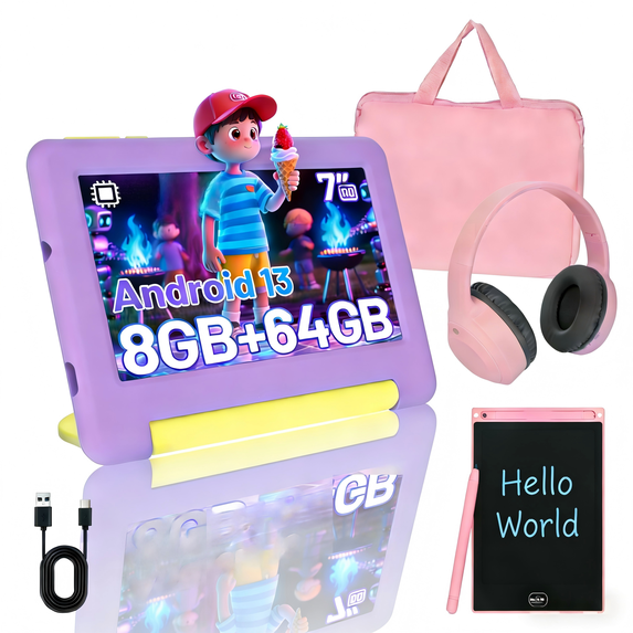 (Open Box) BESTSKI 7 Inch Kids Tablet Bundle, 8GB RAM 64GB, Learning Tablet for Kids Ages 3-10 with Headphones Stylus Bag, Purple