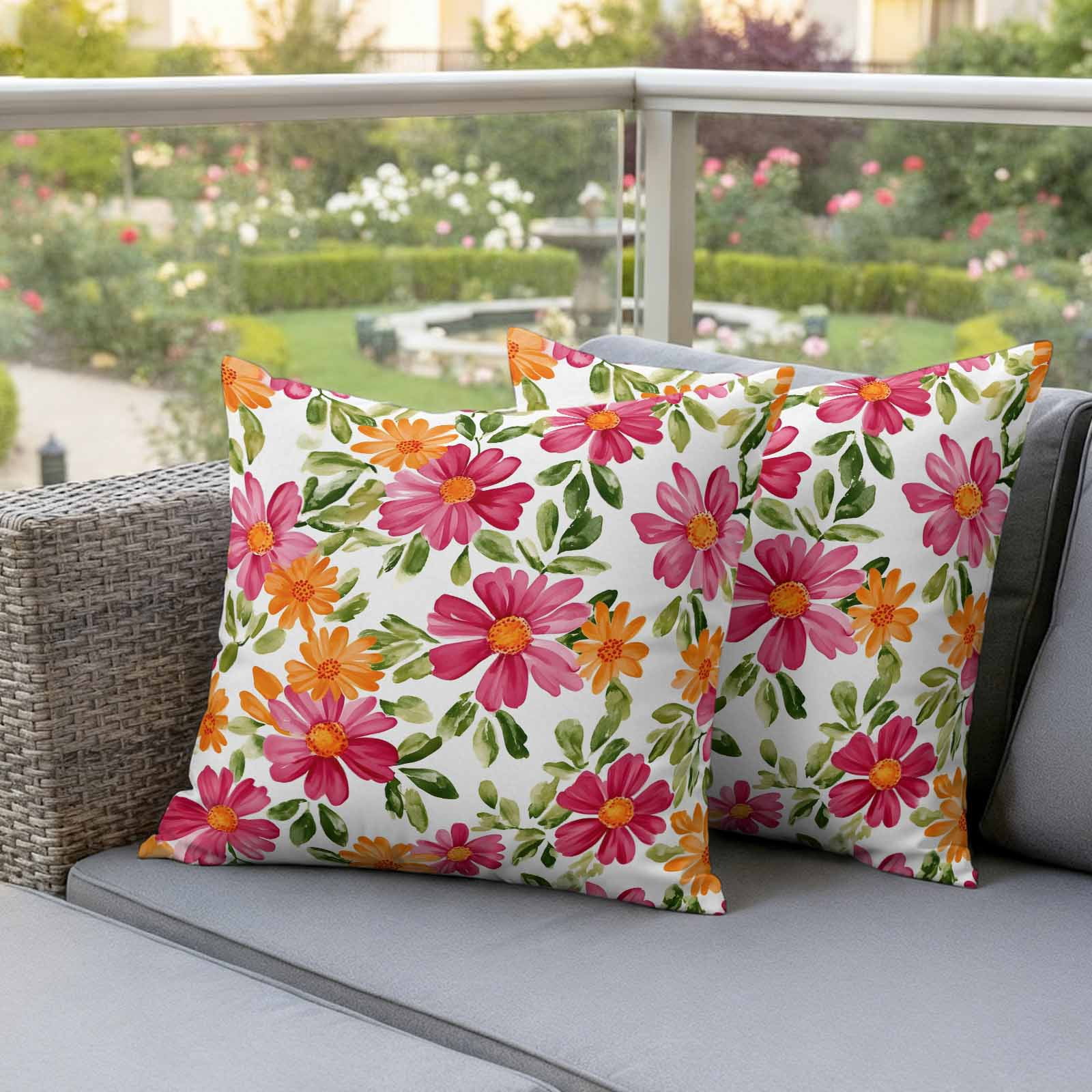 Pack of 2 Outdoor Pillow Covers 26x26 Inch Waterproof Pink Orange Floral Throw Pillow Covers,Decorative Couch Pillow Shams Protectors Spring Blossom Botanical Flowers Patio Pillowcases Cushion Covers