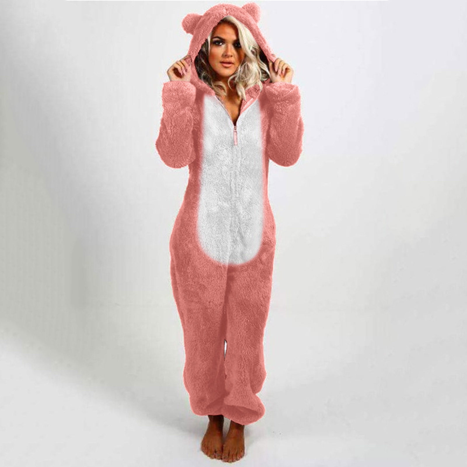 jsaierl Fuzzy Outfits for Women Cute Bear Costume Onesie Sleepwear Long Sleeve Zip Up Rompers Jumpsuits Overalls Christmas Pajamas