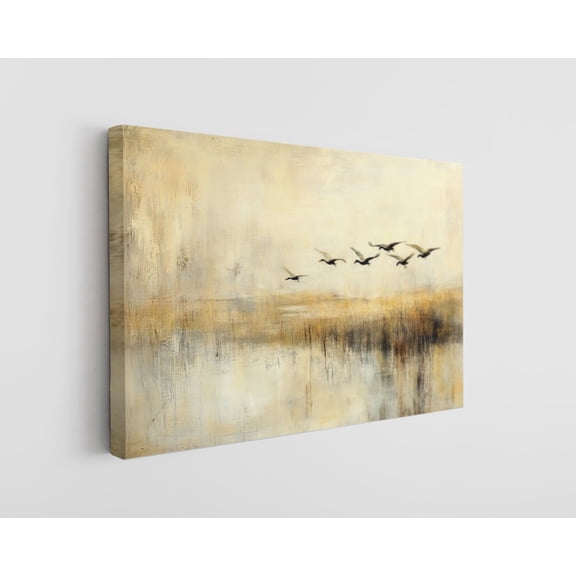 Geese Flight Canvas Art Print in Abstract Golden Sky - Serene Minimalist Nature Decor - High-Quality Handcrafted Wall Art for Home & Office