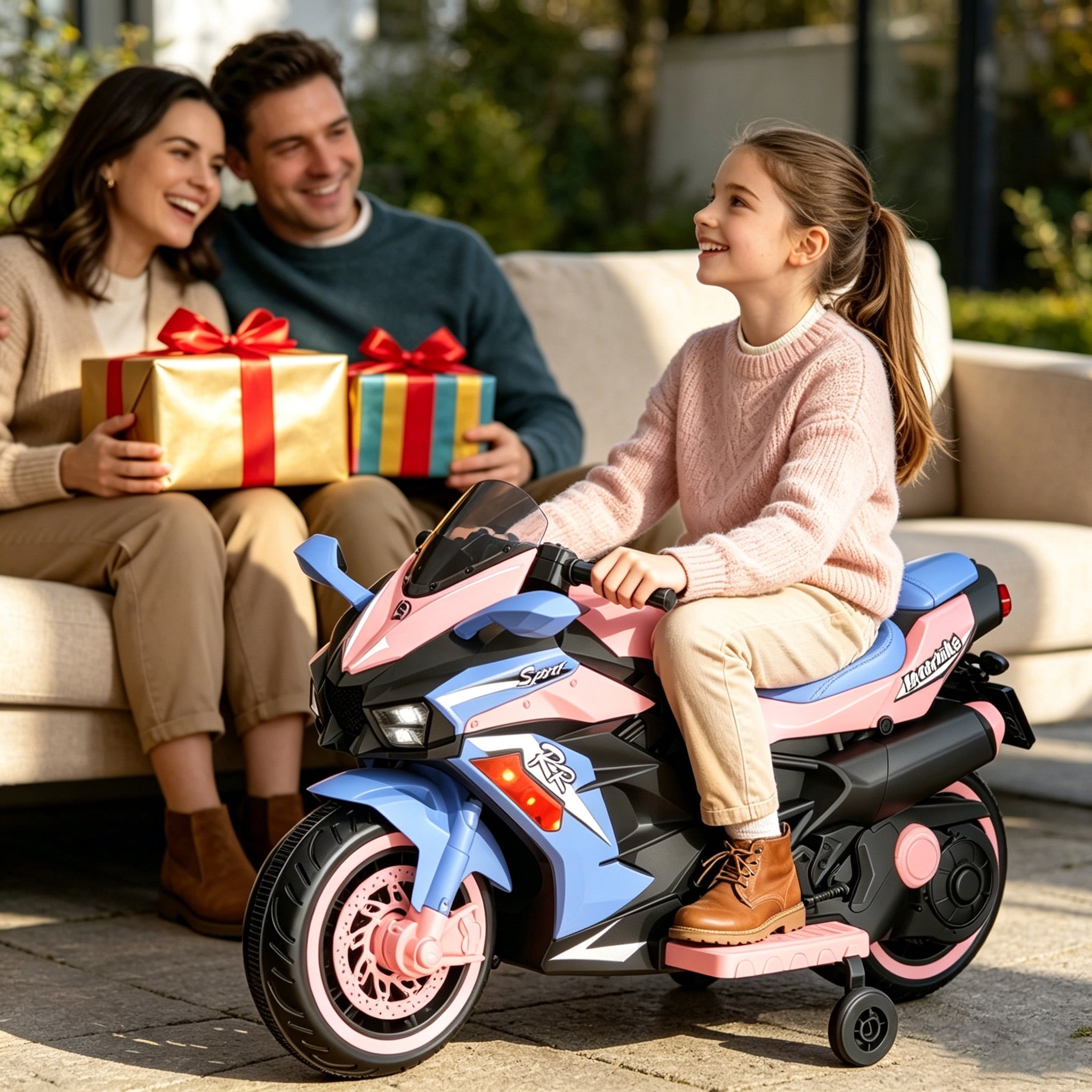 HNH 12V Ride on Toys for Girls, Kid Electric Motorcycle with Remote Control, Powered Motorcycle with Music, Bluetooth, Lights