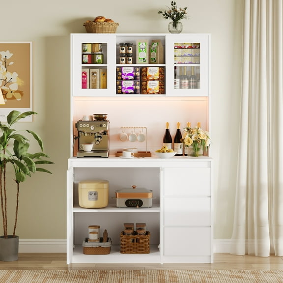 Garvee 71 Inch Storage Cabinet Kitchen Pantry Cabinet with Doors&Shelves, Kitchen Storage Hutch with Microwave Shelf, Led Lights&Charging Station,Corner Pantry Cabinet White