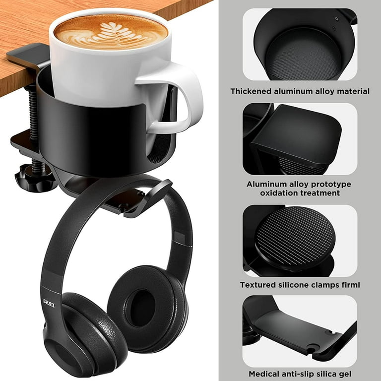 Desk Cup Holder,2 in 1 Desk Cup Holder with Headphone Hanger, Anti-Spill  Cup Holder for Desk or Table, Easy to Install, Sturdy and Durable 