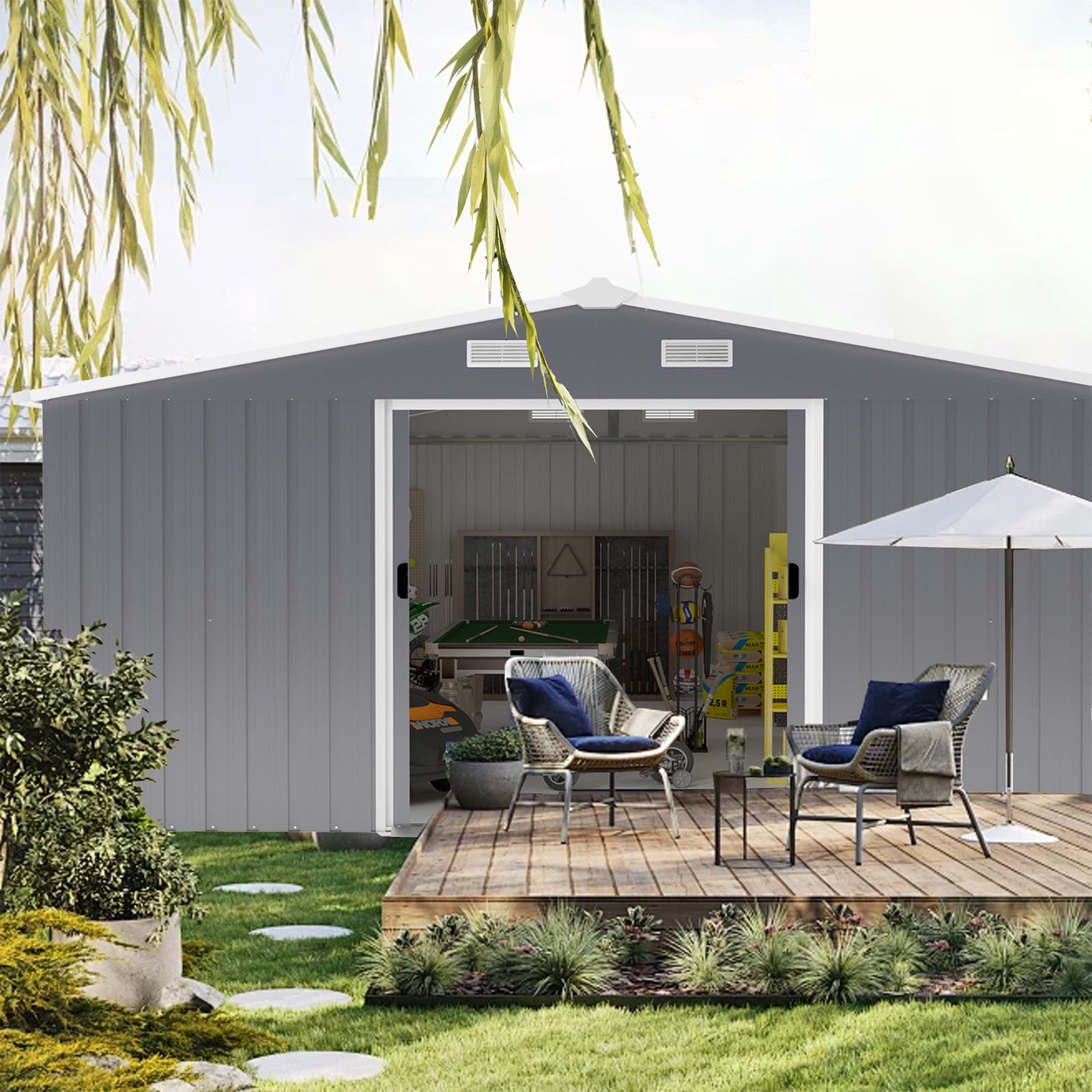 Outdoor Storage Shed, 12x10 FT Large Backyard Sheds, Utility Metal Tool Storage with Updated Frame Structure, Outdoor Storage Building, Garden Shed for Backyard, Lawn, Patio (Dark Gray)