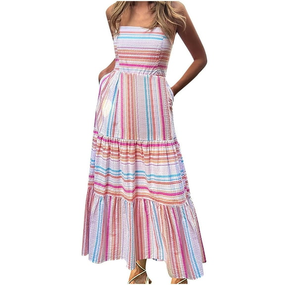 Wenini Summer Dresses for Women Sleeveless V-Neck Maxi Striped Print Summer Dresses Beach Spaghetti Strap Pocket Pleated Swing Dress Pink s