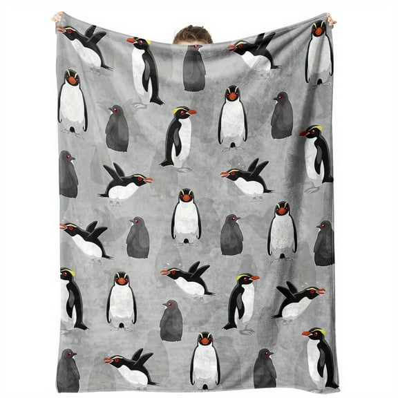 1pc Adorable Penguin Print Blanket - Soft, Lightweight & Cozy Flannel Throw with Cartoon Penguins in Various Poses, Perfect for Bedroom or Living Room Decor, Ideal Gift for Family & Friends, Penguin