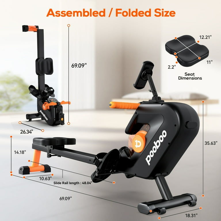 Pooboo 85 Pre assembled Magnetic Rowing Machines Rower Foldable Build in Bluetooth 8 Level Resistance Indoor Rower Machines Home Exercise 350lb