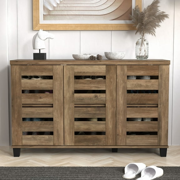 STYLIVIA Lismore 3 Door Shoe Cabinet, Knotty Oak
