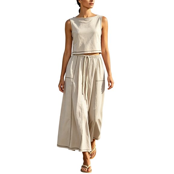Women's Elegant Long Skirt for Formal Wear Matching Two Piece Outfit Set Beige L
