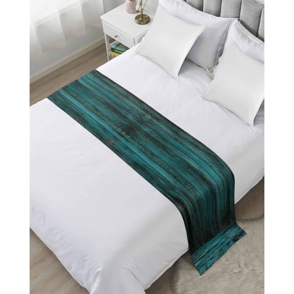 Bed Runner Scarf King Size, Teal Board Stain Bed Runners & Scarves for Foot of Beds, Vintage Chic Wooden Grain Decorative Bedding Runner Scarf for Hotel Home Bedroom