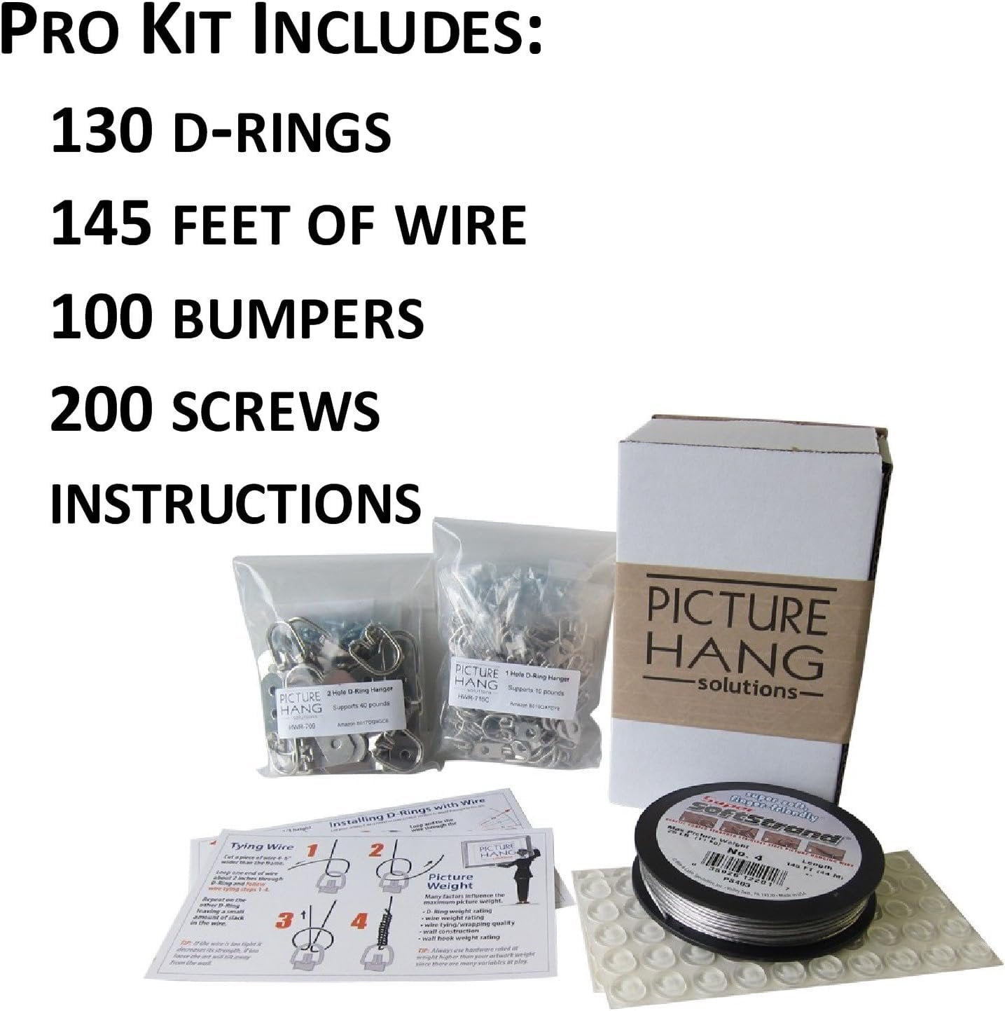 Picture Hang Solutions - Picture Hanging Kit - Includes D-rings, Picture Wire, and Bumpers (Hangs 50 frames)