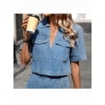 thumbnail image 6 of Women'S Denim 2 Piece Outfits Summer Lapel V Neck Crop Top Jean Skirt Shorts Set with Pockets Dark XL, 6 of 10