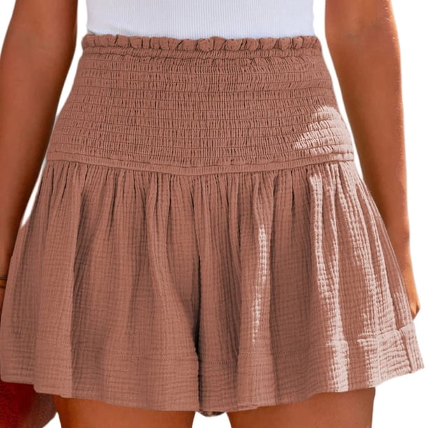 MKLEKYY Pantalones Cortos para Mujer, de Cintura Alta Elástica, Plisados, con Volantes, Bonitos, Informales y Fluidos para La Playa