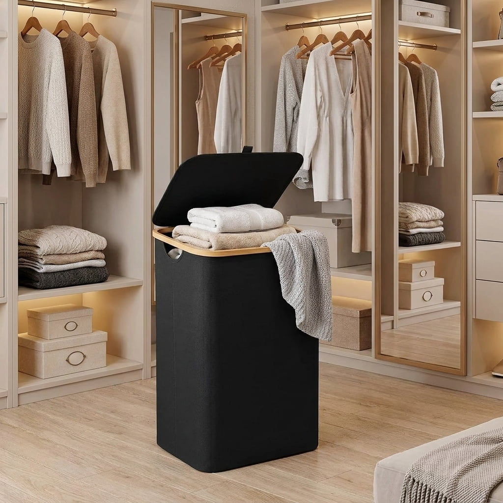 LEDREM Laundry Hamper with Lid 100L, Large Foldable Clothes Basket with Bamboo Handles, Tall Fabric Hamper for Bedroom, Bathroom, Dorm, Ink Black