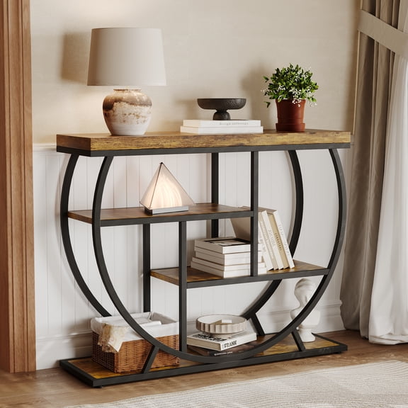 Industrial Entryway Table, 4-Tier Narrow Console with Storage Shelves & Half-Circle Base, Space-Saving Table Behind Sofa for Living Room or Foyer