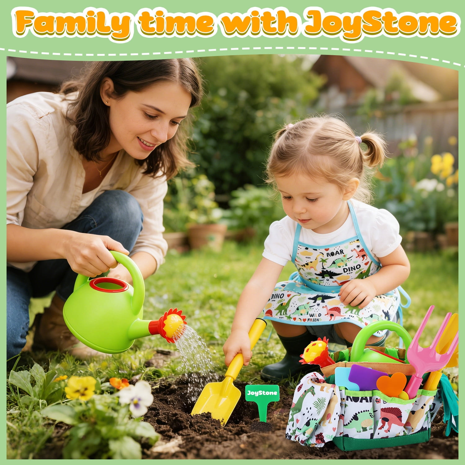 JoyStone 18 PCS Kids Gardening Tool Set with Dinosaur Apron, Watering Can & Sprinkler Head, Tote Bag, Gloves, Shovel & Rake, Outdoor Gift for Boys & Girls Ages 3+
